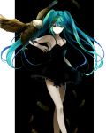  1girl bangs bird black_dress blue_hair breasts brown_feathers chakku_kanda cleavage dress eagle floating_hair frilled_dress frills green_eyes hatsune_miku long_hair looking_down medium_breasts shadow short_dress sideboob sleeveless sleeveless_dress solo standing twintails very_long_hair vocaloid 