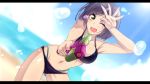  1girl ;d aiming_at_viewer arm_up bangs bare_arms bare_shoulders beach bikini black_bikini blue_sky blurry blurry_background breasts cleavage clouds cloudy_sky commentary_request day depth_of_field eyebrows_visible_through_hair gluteal_fold holding horizon iga_tamaki large_breasts looking_at_viewer navel nijisanji ocean one_eye_closed open_mouth outdoors purple_hair sand shizuka_rin short_hair sky smile solo swimsuit virtual_youtuber water water_gun yellow_eyes 
