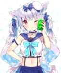  1girl ;) anchor anchor_choker animal_ears azur_lane bangs blue_bow blue_choker blue_sailor_collar blue_skirt blush bow breasts cat_ears cherry choker closed_mouth collarbone commentary_request crop_top cup drinking_glass eyebrows_visible_through_hair food fruit hair_between_eyes hair_bow hand_on_hip hand_up hat head_tilt holding holding_drinking_glass kibii_mocha long_hair medium_breasts midriff mini_hat navel one_eye_closed pleated_skirt red_eyes sailor_collar sailor_hat school_uniform serafuku shirt silver_hair skirt sleeveless sleeveless_shirt smile solo twintails very_long_hair white_background white_hat white_shirt yukikaze_(azur_lane) 