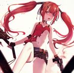  1girl artist_name bangs bare_shoulders belt_buckle black_gloves black_ribbon black_skirt blurry blurry_foreground blush brown_belt buckle camisole collarbone commentary_request cz-75 cz-75_(girls_frontline) depth_of_field dyolf eyebrows_visible_through_hair fingerless_gloves girls_frontline gloves gun hair_ornament hair_ribbon hairclip handgun holding holding_gun holding_weapon long_hair looking_at_viewer open_mouth panties red_camisole red_eyes redhead ribbon round_teeth sidelocks skirt solo teeth torn_clothes torn_skirt twintails underwear upper_teeth v-shaped_eyebrows very_long_hair weapon weapon_request white_panties 