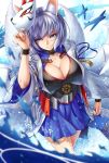  1girl aircraft airplane animal_ears azur_lane bangs blue_eyes blue_hakama breasts cleavage closed_mouth collarbone fox_ears fox_girl fox_mask fox_tail hakama hakama_skirt holding holding_mask japanese_clothes kaga_(azur_lane) large_breasts mask ribbon-trimmed_sleeves ribbon_trim ryou_(pix_gallerio) shikigami short_hair smile solo tail tassel water white_hair wide_sleeves 