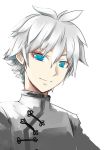  1boy blue_eyes charles_henri_sanson_(fate/grand_order) chinese_clothes close-up fate/grand_order fate_(series) male_focus pfalz simple_background sketch smile solo white_background white_hair 