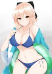  1girl bangs bare_shoulders bikini black_bow blonde_hair blue_bikini bow breasts cleavage closed_mouth collarbone eyebrows_visible_through_hair fate/grand_order fate_(series) gradient gradient_background green_innertube grey_background groin hair_between_eyes hair_bow haori highres innertube japanese_clothes koha-ace large_breasts long_sleeves looking_at_viewer navel off_shoulder okita_souji_(fate) okita_souji_(fate)_(all) sakikumo_(sakumo) side-tie_bikini solo swimsuit white_background wide_sleeves yellow_eyes 