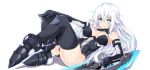  1girl bare_shoulders black_heart black_legwear blue_eyes breasts cleavage covered_navel elbow_gloves eyebrows_visible_through_hair gloves holding holding_weapon iwasi-r long_hair looking_at_viewer medium_breasts neptune_(series) simple_background smile solo symbol-shaped_pupils thigh-highs very_long_hair weapon white_background white_hair 