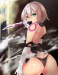  1girl ass bandage bandaged_arm black_panties breasts butt_crack cowboy_shot dual_wielding facial_scar fate/apocrypha fate/grand_order fate_(series) from_behind green_eyes holding jack_the_ripper_(fate/apocrypha) knife kuzya looking_at_viewer looking_back panties scar scar_across_eye scar_on_cheek shiny shiny_hair shiny_skin short_hair shoulder_tattoo silver_hair small_breasts solo standing tattoo underwear 