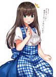  /\/\/\ 1girl absurdres apron bangs blue_apron blue_skirt blush breasts brown_hair commentary_request eyebrows_visible_through_hair fingernails gingham green_eyes hair_between_eyes hand_up highres idolmaster idolmaster_cinderella_girls idolmaster_cinderella_girls_starlight_stage kobeya koubeya_uniform long_hair medium_breasts name_tag norazura open_mouth shibuya_rin shirt simple_background skirt solo translated uniform very_long_hair white_background white_shirt 