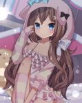  1girl absurdres animal_ears animal_hood arm_up azur_lane bangs black_bow blue_bow blue_eyes blurry blurry_background bow brown_hair closed_mouth crescent crescent_hair_ornament depth_of_field dog_ears dog_hood dress eyebrows_visible_through_hair fumizuki_(azur_lane) hair_between_eyes hair_ornament highres hood hood_up hoodie kneehighs long_hair long_sleeves looking_at_viewer open_clothes open_hoodie pink_dress sapphire_(sapphire25252) sitting sleeveless sleeveless_dress sleeves_past_wrists solo striped striped_hoodie striped_legwear very_long_hair 