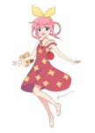  1girl :d animal_bag bag bangs bare_shoulders blue_eyes blush cat_bag cosplay dress eyebrows_visible_through_hair full_body ganko-chan ganko-chan_(cosplay) ganko-chan_(series) hair_between_eyes hair_ribbon hair_rings long_hair looking_at_viewer mugi_(iccomae) open_mouth pink_hair red_dress ribbon sandals sherlock_shellingford shoulder_bag sidelocks simple_background sleeveless sleeveless_dress smile solo strap_slip tantei_opera_milky_holmes twitter_username white_background white_footwear yellow_ribbon 