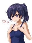  1girl bare_shoulders blue_hair blue_swimsuit blush breast_conscious breasts cleavage collarbone eyebrows_visible_through_hair flying_sweatdrops fujisawa_aya_(gundam_build_divers) gundam gundam_build_divers hair_between_eyes hands_on_own_chest haura_akitoshi looking_down medium_hair one-piece_swimsuit school_swimsuit shiny shiny_clothes shiny_hair side_ponytail simple_background small_breasts solo swimsuit twitter_username upper_body violet_eyes white_background 