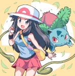  1girl :d bag bangs bare_arms bare_shoulders blue_(pokemon) blue_shirt breasts brown_hair commentary cowboy_shot fangs fangs_out grey_eyes hat highres holding holding_poke_ball ivysaur leaf long_hair looking_at_viewer medium_skirt nazonazo_(nazonazot) open_mouth orange_background pink_skirt poke_ball pokemon pokemon_(creature) pokemon_(game) pokemon_frlg shirt shoulder_bag sidelocks skirt sleeveless sleeveless_shirt small_breasts smile standing super_smash_bros. white_hat wristband 