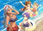  4girls asymmetrical_bangs bangs bare_shoulders beach bikini blonde_hair blue_eyes bracelet braided_ponytail breasts brown_hair clam_shell cleavage dark_skin earrings eiyuu_densetsu estelle_bright facial_mark forehead_mark frilled_bikini frilled_swimsuit frills goggles goggles_on_headwear hair_ornament hairband hand_in_hair hand_on_hip hat hoop_earrings innertube jewelry klose_rinz large_breasts long_hair looking_at_viewer medium_breasts midriff multiple_girls navel navel_piercing necklace ocean official_art one_eye_closed outstretched_arms parted_bangs partially_submerged piercing pinky_ring purple_hair red_eyes sarong scherazard_harvey short_hair silver_hair small_breasts smile sora_no_kiseki standing starfish swimsuit tita_russell twintails violet_eyes 