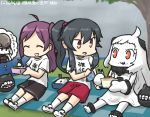  3girls :d ^_^ ahoge black_hair casual closed_eyes commentary_request dated destroyer_water_oni eating escort_fortress_(kantai_collection) food food_on_face gym_shorts gym_uniform hagikaze_(kantai_collection) hamu_koutarou handkerchief horns kantai_collection long_hair mittens multiple_girls northern_ocean_hime obentou one_side_up open_mouth orange_eyes ponytail purple_hair rain red_eyes rice rice_on_face shinkaisei-kan shorts smile thought_bubble translation_request tree white_hair white_skin yahagi_(kantai_collection) 