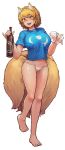 1girl :d adapted_costume animal_ears bangs bare_arms bare_legs barefoot blonde_hair blue_shirt blush bottle breasts chanta_(ayatakaoisii) cup drinking_glass eyebrows_visible_through_hair fang fox_ears fox_tail full_body groin hands_up highres holding holding_bottle holding_drinking_glass large_breasts looking_at_viewer multiple_tails no_pants nose_blush open_mouth orange_eyes panties pinky_out shirt short_hair short_sleeves simple_background slit_pupils smile solo tail toes touhou underwear walking white_background white_panties yakumo_ran 
