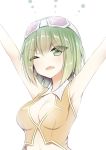  1girl ;d armpits arms_up bangs breasts cleavage crop_top eyebrows_visible_through_hair giryu goggles goggles_on_head green_eyes green_hair gumi medium_breasts midriff one_eye_closed open_mouth shiny shiny_hair short_hair smile solo stomach upper_body vocaloid white_background 
