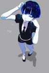  1other alternate_hair_length alternate_hairstyle androgynous bangs blue_eyes blue_hair blunt_bangs colored_eyelashes crystal_hair from_above gem_uniform_(houseki_no_kuni) grey_background highres houseki_no_kuni lapis_lazuli_(houseki_no_kuni) looking_at_viewer necktie short_hair signature smile solo sparkle spoilers white_skin 