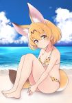  1girl adapted_costume animal_ears barefoot beach bikini blonde_hair blue_sky brown_eyes clouds day full_body highres kemono_friends looking_at_viewer outdoors polka_dot polka_dot_bikini ransusan serval_(kemono_friends) serval_ears serval_print serval_tail short_hair sky smile solo swimsuit tail 