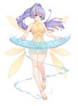  1girl bare_legs bare_shoulders breasts commentary commentary_request crescent crescent_hair_ornament date_a_live flower full_body hair_flower hair_ornament highres instrument izayoi_miku keyboard_(instrument) lavender_eyes lavender_hair long_hair looking_at_viewer medium_breasts midriff music navel navel_cutout neps-l one-piece_swimsuit playing_instrument ponytail purple_hair sandals simple_background smile solo swimsuit thigh_gap very_long_hair violet_eyes water white_background yellow_swimsuit 