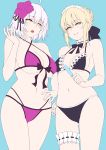  2girls absurdres artoria_pendragon_(all) artoria_pendragon_(swimsuit_rider_alter) bikini black_bikini braid breasts fate/grand_order fate_(series) flower food french_braid frilled_bikini_top hair_flower hair_ornament highres jeanne_d&#039;arc_(alter)_(fate) jeanne_d&#039;arc_(fate)_(all) kusahagane leg_garter maid_headdress medium_breasts multiple_girls popsicle short_hair silver_hair swimsuit 