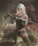  1girl android armlet black_gloves black_shorts derrick_song dirty elbow_gloves fighting_stance gloves highres holding holding_sword holding_weapon long_hair nier_(series) nier_automata pink_lips robot robot_joints short_shorts shorts silver_hair squatting sword tank_top weapon yorha_type_a_no._2 