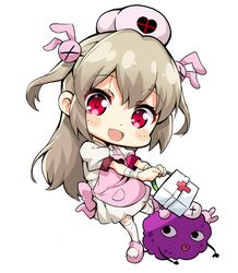  &gt;_&lt; 1girl :d apron armband bandage bandaged_arm bangs blush bow bunny_hair_ornament chibi ekakibito eyebrows_visible_through_hair fang first_aid_kit hair_between_eyes hair_ornament hat head_tilt heart holding light_brown_hair long_hair looking_at_viewer natori_sana nurse_cap open_mouth pink_apron pink_bow pink_footwear pink_hat pleated_skirt puffy_short_sleeves puffy_sleeves red_eyes saana-kun sana_channel shirt short_sleeves simple_background skirt smile standing standing_on_one_leg thigh-highs two_side_up very_long_hair virtual_youtuber white_background white_legwear white_shirt white_skirt 