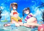  2girls :o ahoge animal ass azur_lane ball bangs bare_shoulders beachball bikini black_choker black_hair blue_jacket blue_sky breasts brown_hair candy choker closed_mouth clouds collarbone day eyewear_on_head food from_behind full_body fur-trimmed_jacket fur_trim gloves groin hair_rings hairband halter_top halterneck highres holding holding_food ice_cream ice_cream_cone innertube isaka_wasabi jacket legs long_hair long_sleeves looking_at_viewer lying lying_on_water medium_breasts multiple_girls ning_hai_(azur_lane) ocean on_side open_clothes open_jacket open_mouth outdoors panda partially_submerged ping_hai_(azur_lane) purple_bikini purple_gloves red_bikini red_eyes red_gloves sandals sitting sky small_breasts smile sunglasses swimsuit thighs toes triple_scoop twintails very_long_hair violet_eyes wariza water yellow_jacket 