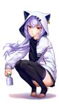  1girl animal_hood as109 ass azuma_lim azuma_lim_channel black_legwear bottle brown_eyes cat_hood closed_eyes expressionless highres hood hood_up hoodie long_hair long_sleeves looking_at_viewer no_shoes pleated_skirt purple_hair skirt solo squatting thigh-highs virtual_youtuber white_background wind 