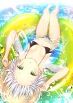  1girl bare_legs barefoot bikini black_bikini breasts fate/apocrypha fate_(series) foreshortening gluteal_fold green_eyes hat holding holding_hat innertube jack_the_ripper_(fate/apocrypha) looking_at_viewer lying navel on_back parted_lips partially_submerged scar scar_across_eye small_breasts solo stitches straw_hat string_bikini sun_hat sune_(mugendai) swimsuit tattoo upside-down white_hair 