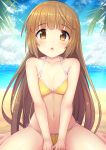  1girl :o bangs bare_arms bare_legs bare_shoulders barefoot beach between_legs bikini blue_sky blunt_bangs blush breasts brown_eyes brown_hair cleavage clouds cloudy_sky collarbone commentary_request day eyebrows_visible_through_hair hand_between_legs highres horizon idolmaster idolmaster_cinderella_girls long_hair looking_at_viewer navel ocean outdoors parted_lips revision sand side-tie_bikini sitting sky small_breasts solo sparkle swimsuit u_rin v_arms very_long_hair wariza water yellow_bikini yorita_yoshino 