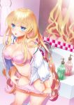  1girl :p ass bangs bare_shoulders bathroom blonde_hair blue_eyes blush bow bow_panties bra breasts butt_crack cleavage collarbone commentary_request cowboy_shot eyebrows_visible_through_hair eyelashes faucet fingernails frilled_sleeves frills highres indoors kumehara_chiyota lace lace-trimmed_shirt large_breasts legs_apart long_fingernails long_hair long_sleeves looking_at_viewer mirror navel off_shoulder open_clothes open_shirt original panties panty_pull pink_bra pink_panties pulled_by_self shirt sink smile solo standing stomach tongue tongue_out towel twitter_username underwear very_long_hair white_shirt white_towel 