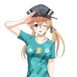  1girl 2018_fifa_world_cup absurdres adidas alternate_costume blonde_hair breasts clothes_writing collarbone eyebrows_visible_through_hair german germany green_eyes hat highres kantai_collection looking_at_viewer military_hat one_eye_closed peaked_cap prinz_eugen_(kantai_collection) salute soccer soccer_uniform solo sportswear transparent_background twintails uniform world_cup 