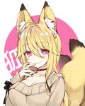  1girl :3 animal_ears bangs blonde_hair blush breasts brown_sweater byulzzimon cleavage closed_mouth collarbone eyebrows_visible_through_hair fox_ears fox_girl fox_tail hair_between_eyes hand_to_own_mouth kitsune large_breasts long_hair long_sleeves looking_at_viewer mole mole_under_eye multiple_tails original sleeves_past_wrists solo sweater tail two_tails very_long_hair 