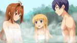  1boy 2girls ahoge black_hair blonde_hair blue_eyes blush breasts brown_eyes brown_hair cleavage eiyuu_densetsu estelle_bright flat_chest game_cg joshua_astray long_hair looking_at_another medium_breasts multiple_girls naked_towel official_art onsen open_mouth partially_submerged profile red_eyes short_hair smile sora_no_kiseki steam straight_hair tita_russell towel 