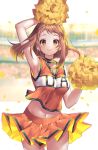  1girl absurdres arm_over_head arm_up armpits blurry blurry_background blush boku_no_hero_academia breasts brown_eyes brown_hair cheerleader choker clothes_writing commentary confetti crop_top facing_viewer highres kinty large_breasts long_hair looking_at_viewer midriff navel orange_shirt orange_skirt pleated_skirt pom_poms shirt skirt sleeveless sleeveless_shirt smile solo thighs uraraka_ochako 