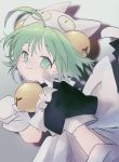  1girl :3 ad ahoge animal_ears animal_hat apron bangs bell black_dress blush cat_ears cat_hat closed_mouth commentary_request dejiko di_gi_charat dress eyebrows_visible_through_hair green_eyes green_hair hair_bell hair_between_eyes hair_ornament hand_up hat head_tilt highres jingle_bell looking_at_viewer looking_to_the_side maid_apron mittens nose_blush puffy_short_sleeves puffy_sleeves sha2mo short_hair short_sleeves solo white_apron white_hat white_mittens 