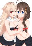  2girls ;&gt; ;d ahoge bare_arms bare_shoulders bikini bikini_top black_bikini black_ribbon black_skirt blue_eyes blush bow braid breasts brown_hair cleavage closed_mouth collarbone commentary_request fang groin hair_bow hair_flaps hair_ornament hair_ribbon hand_holding highres interlocked_fingers kantai_collection large_breasts light_brown_hair long_hair multiple_girls one_eye_closed open_mouth pleated_skirt red_bow red_eyes remodel_(kantai_collection) ribbon sakikumo_(sakumo) sarong shigure_(kantai_collection) side_braid sidelocks simple_background single_braid skirt smile swimsuit v-shaped_eyebrows very_long_hair white_background yuudachi_(kantai_collection) 