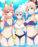  3girls bangs bare_arms bare_shoulders bikini black_bikini blue_bikini blue_eyes blue_sky blurry blurry_background breasts brown_eyes cleavage clouds collarbone day depth_of_field eyebrows_visible_through_hair fate/grand_order fate_(series) gluteal_fold groin hair_between_eyes hair_ornament hair_ribbon hand_on_hip high_ponytail highres horizon large_breasts long_hair miyamoto_musashi_(fate/grand_order) multiple_girls navel ocean outdoors pink_hair ponytail purple_bikini red_eyes red_ribbon ribbon sakikumo_(sakumo) side-tie_bikini sidelocks silver_hair sky swimsuit tamamo_(fate)_(all) tamamo_no_mae_(swimsuit_lancer)_(fate) tomoe_gozen_(fate/grand_order) wading water 