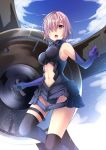 1girl armored_leotard asagi_koko black_legwear black_leotard blue_sky clouds elbow_gloves fate/grand_order fate_(series) from_below gloves hair_between_eyes hair_over_one_eye highres holding_shield leotard mash_kyrielight midriff navel navel_cutout open_mouth outdoors pink_hair purple_gloves shield shiny shiny_hair short_hair sky solo standing stomach thigh-highs thigh_strap violet_eyes 