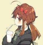  1girl ahoge bangs bendy_straw black_sweater blush bow brown_background brown_eyes brown_hair collared_shirt commentary_request cup disposable_cup drinking_straw eyebrows_visible_through_hair fate/extra fate/extra_ccc fate_(series) from_side green_bow hair_between_eyes hair_bow holding holding_cup jinako_carigiri long_hair long_sleeves looking_at_viewer looking_to_the_side mouth_hold red_bow school_uniform shirt sidelocks simple_background sleeves_past_fingers sleeves_past_wrists solo sweater translated twintails white_shirt yuzuki_gao 