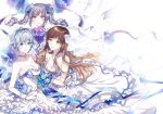  3girls :d anastasia_(idolmaster) bangs black_hair blue_bow blue_eyes blue_flower blue_rose bouquet bow breasts bridal_veil brown_eyes brown_hair choker cleavage dress flower gloves grey_hair hair_flower hair_ornament holding holding_bouquet idolmaster idolmaster_cinderella_girls jewelry kanzaki_ranko large_breasts long_hair looking_at_viewer love_laika medium_breasts multiple_girls necklace nennen nitta_minami open_mouth purple_ribbon red_eyes ribbon rose short_hair smile strapless strapless_dress tiara twintails veil wedding_dress white_dress white_flower white_gloves white_rose 