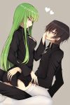  1boy 1girl bangs black_hair black_pants black_shirt breasts c.c. cleavage code_geass eye_contact eyebrows_visible_through_hair from_side girl_on_top green_hair grey_background hand_on_another&#039;s_ass hand_on_another&#039;s_cheek hand_on_another&#039;s_face heart highres lelouch_lamperouge long_hair looking_at_another lucky_keai medium_breasts pants parted_lips shiny shiny_hair shirt sitting smile thigh-highs very_long_hair violet_eyes white_legwear yellow_eyes 