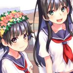  2girls :3 black_hair blue_sailor_collar brown_eyes chair flower green_eyes hair_flower hair_ornament head_wreath long_hair looking_at_viewer multiple_girls neckerchief open_mouth raika9 red_neckwear sailor_collar sakugawa_school_uniform saten_ruiko school_uniform serafuku short_hair sitting smile table to_aru_kagaku_no_railgun to_aru_majutsu_no_index uiharu_kazari 