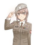  1girl beret hat looking_at_viewer military military_uniform necktie original salute shino_(r_shughart) two-finger_salute uniform 
