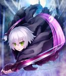  1girl :o attack bandage bandaged_arm bandaged_hand bangs belt_buckle black_cloak black_footwear boots brick_wall buckle building commentary_request dagger door dual_wielding eyebrows_visible_through_hair facial_scar fate/apocrypha fate_(series) fingerless_gloves fog full_body full_moon gloves green_eyes grey_hair hair_between_eyes highres holding holding_dagger holding_weapon jack_the_ripper_(fate/apocrypha) kaina_(tsubasakuronikuru) knife light_trail looking_at_viewer moon night night_sky outdoors outstretched_arm reverse_grip scar scar_across_eye scar_on_cheek short_hair single_glove sky solo torn_cloak tsurime weapon 
