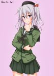  1girl alternate_costume anti_(untea9) black_neckwear blue_eyes commentary_request cosplay cowboy_shot green_sailor_collar green_serafuku green_skirt highres kantai_collection kashima_(kantai_collection) kitakami_(kantai_collection) kitakami_(kantai_collection)_(cosplay) long_sleeves looking_at_viewer neckerchief pink_background pleated_skirt sailor_collar sidelocks silver_hair simple_background skirt smile solo standing tsurime twintails wavy_hair 