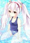  1girl animal_ears azur_lane bangs bare_arms bare_shoulders blue_swimsuit blush collarbone commentary_request day eyebrows_visible_through_hair hair_between_eyes hair_ornament hairband laffey_(azur_lane) long_hair misaki_(misaki86) no_shoes old_school_swimsuit one-piece_swimsuit outdoors parted_lips partially_submerged rabbit_ears red_eyes red_hairband school_swimsuit silver_hair sitting solo sparkle swimsuit thigh-highs twintails very_long_hair wariza water white_legwear 