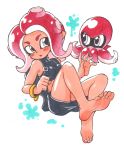  1girl agent_8 bare_shoulders barefoot blush bracelet feet full_body highres jewelry makeup mascara miniskirt octoling octopus oyatsu_(mk2) redhead short_hair simple_background skirt soles solo splatoon splatoon_2 splatoon_2:_octo_expansion tank_top tentacle_hair toes white_background 