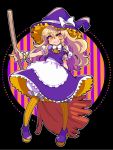  1girl alternate_color apron artist_name bangs black_background blonde_hair bloomers blush_stickers bow braid broom commentary_request full_body grin hair_bow hat hat_bow holding holding_broom kirisame_marisa long_hair looking_at_viewer orange_legwear pantyhose platform_footwear puffy_short_sleeves puffy_sleeves purple_bow purple_footwear purple_headwear purple_skirt purple_vest shirt shoes short_sleeves single_braid skirt smile solo star_(symbol) striped striped_background striped_legwear surigoma touhou underwear vest waist_apron white_bow white_shirt witch_hat wrist_cuffs yellow_neckwear 