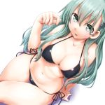  1girl aqua_eyes aqua_hair arm_support bikini black_bikini breasts cleavage collarbone dd_(ijigendd) dutch_angle erect_nipples eyebrows_visible_through_hair from_above hair_between_eyes hair_ornament hair_over_shoulder hairclip halterneck hand_in_hair hand_up kantai_collection large_breasts long_hair looking_at_viewer medium_breasts navel open_mouth shiny shiny_clothes side-tie_bikini simple_background sitting smile solo suzuya_(kantai_collection) swimsuit thigh_gap white_background wide_hips 