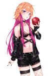  1girl apple bangs bare_shoulders black_bikini_top black_gloves black_jacket black_nails black_shorts blush breasts choker cleavage coffeedog fingerless_gloves fishnet_legwear fishnets food fruit gloves hair_between_eyes highres idolmaster idolmaster_cinderella_girls jacket jewelry long_hair looking_at_viewer multicolored_hair nail_polish navel ninomiya_asuka off_shoulder open_clothes open_jacket open_mouth orange_hair pink_hair ring shorts sidelocks simple_background small_breasts solo thighs two-tone_hair violet_eyes waist white_background 