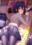  1girl bag bangs bed black_legwear blue_hair blue_skirt blush breasts brown_eyes cellphone closed_mouth controller eyebrows_visible_through_hair game_controller hair_between_eyes highres holding long_sleeves looking_at_viewer looking_back lying medium_breasts nijisanji on_bed on_stomach pantyhose phone pillow plaid plaid_pillow pleated_skirt school_bag school_uniform shirt shizuka_rin short_hair skirt smile solo sweater sweater_removed virtual_youtuber white_shirt yellow_sweater yuuri_nayuta 
